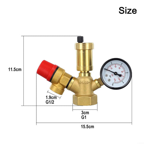 Brass Boiler Safety Group Kit With 6 Bar Pressure Relief Valve Air Vent And 10 Bar Gauge For Closed Heating Circuits