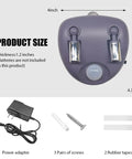 Dual Laser Garage Parking Assist Guide Lock Your Parking Spot Every Time With 360 Degree Adjustable Motion Sensors showing product size, power adapter, screws and rubber tapes.