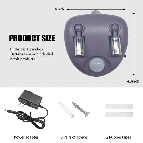 Dual Laser Garage Parking Assist Guide Lock Your Parking Spot Every Time With 360 Degree Adjustable Motion Sensors showing product size, power adapter, screws and rubber tapes.