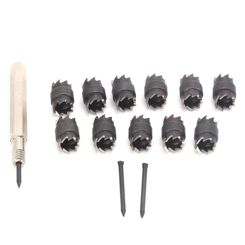 Thirteen Piece Spot Weld Cutter Set For Electric Drill showing 3/8 inch double sided cutters for thin metal sheets precision