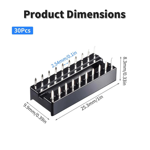 30 Pack 20 Pin DIP IC Socket Kit, 2.54mm Pitch Solder Friendly DIP Socket Adaptor displaying size measurements.