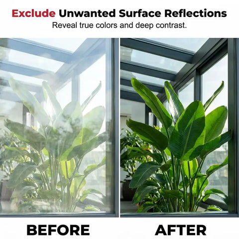 Comparison of plant visible through glass before and after using Magnetic CPL Phone Camera Filter Kit With Quick Mount Polarizing Filter For On The Go Mobile Pics Reduces Reflections From Glass Water Windows Vehicles And Other Surfaces Color Enhancing Filters For Outdoor Shoots.