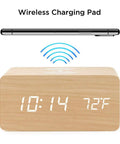 Dope Wooden Digital Alarm Clock With Qi Wireless Charging Pad For iPhone Samsung featuring time display and wireless charging.