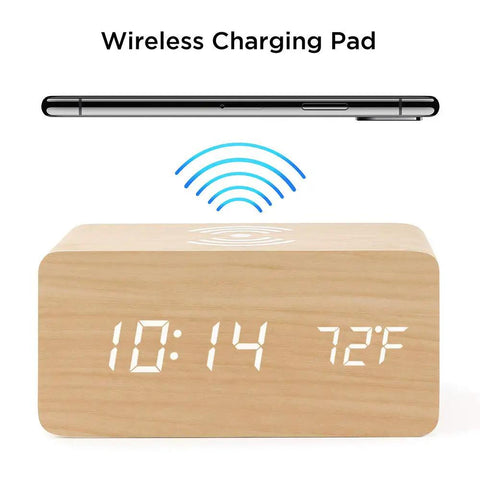 Dope Wooden Digital Alarm Clock With Qi Wireless Charging Pad For iPhone Samsung featuring time display and wireless charging.