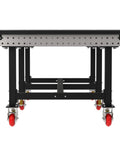 Heavy Duty Mobile Welding Fixture Table With Precision Hole Grid And Smooth Swivel Casters Solid Steel Fabrication Workbench 96 By 48 Inches, front view showcasing red swivel casters.