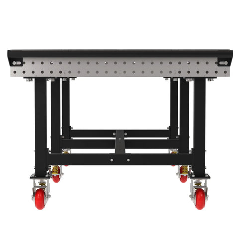 Heavy Duty Mobile Welding Fixture Table With Precision Hole Grid And Smooth Swivel Casters Solid Steel Fabrication Workbench 96 By 48 Inches, front view showcasing red swivel casters.