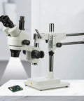 Simul Focal Trinocular Stereo Zoom Microscope Pro With WH10x Eyepieces 0.7x To 4.5x Objective, double arm boom stand, PCB repair