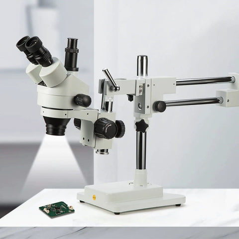 Simul Focal Trinocular Stereo Zoom Microscope Pro With WH10x Eyepieces 0.7x To 4.5x Objective, double arm boom stand, PCB repair