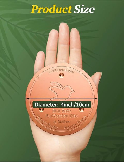 Copper Disc Bird Bath Cleaner For Outdoor Water Fountains And Bowls, 4-inch, shown in hand for size comparison.