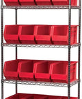 Space Saving Stackable Storage Bins For Garage Pantry Closet And Craft Room Heavy Duty Plastic Bins Hold Up To 60 Lbs Each 18 Inch By 8.25 Inch By 9 Inch Red 6 Pack Multi Purpose Organization shown on metal shelving