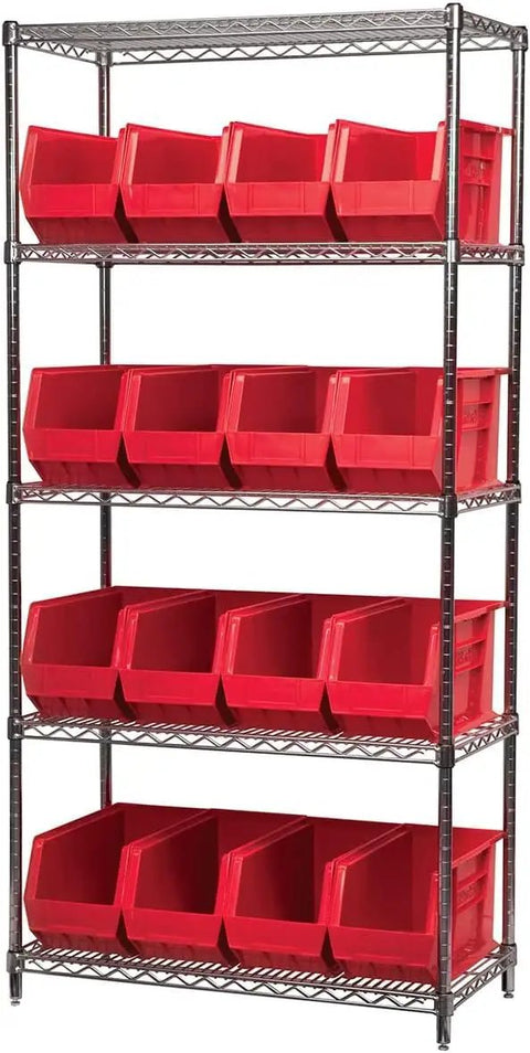 Space Saving Stackable Storage Bins For Garage Pantry Closet And Craft Room Heavy Duty Plastic Bins Hold Up To 60 Lbs Each 18 Inch By 8.25 Inch By 9 Inch Red 6 Pack Multi Purpose Organization shown on metal shelving
