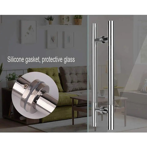 Brushed 304 Stainless Steel Thick Round Tube Glass Door Push Pull Handrail for Sliding Doors with silicone gasket detail