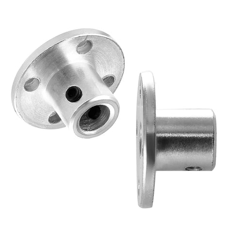 Front view of two silver 6mm rigid flange couplings with four mounting holes