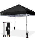 10x10 Pop Up Canopy With One Push CenterLok Setup For No Fuss Quick Outdoor Shade At Events And Camping Includes STO N GO Cover Bag Silver Coated Top Black Frame For Beach Events displayed with frame and bag