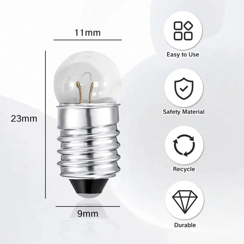 Top Shelf E10 Miniature Light Bulbs Offering Hella Reliable Warm White Glow for Your Home Lab or Flashlight Fixes. Dimensions 11mm x 23mm.