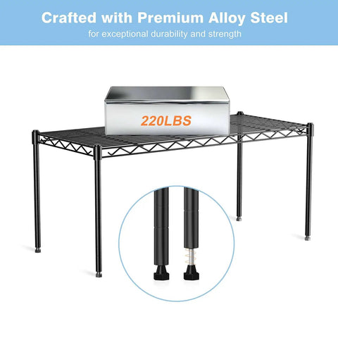 One Tier Wire Shelf Rack 30 Inch Wide By 14 Inch Deep By 17 Inch High Adjustable Metal Wire Shelving Unit for storage.