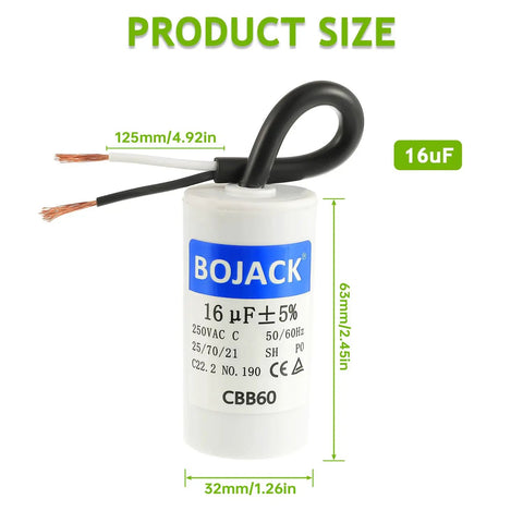 16uF 250V AC CBB60 Motor Run Capacitor 2 Wire For AC Motors Blower Air Conditioner Refrigerator And Air Compressor Replacement Part