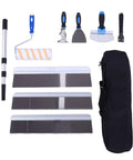Professional Self Leveling Cement Tool Kit Featuring Four And Six Point Five Inch Notched Trowels Nine Inch Paint Roller Extension Pole Handle Plus Heavy Duty Scrapers For Dead Flat No Hassle Floors. Complete set with trowels, scrapers, roller, and handle.