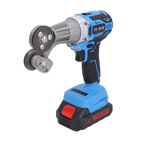 Heavy Duty 21V Cordless Electric Metal Shears With 360 Degree Swivel Head featuring a rotating blade and LED light.