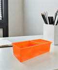 Desk Storage Drawer Box With Three Tier Compartments For Under Desk Organization on white desk, next to pen holder