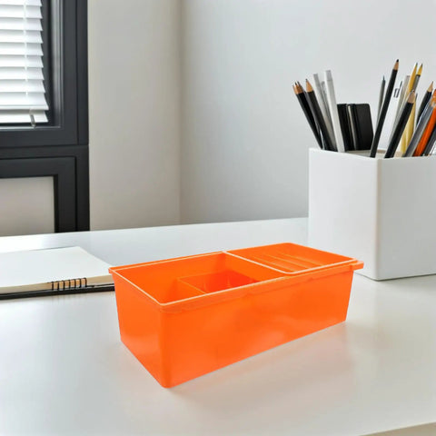 Desk Storage Drawer Box With Three Tier Compartments For Under Desk Organization on white desk, next to pen holder