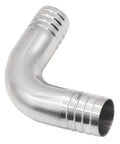 Stainless steel 304 90-degree barbed hose elbow, 1-1/4 in x 1-1/4 in, angled view