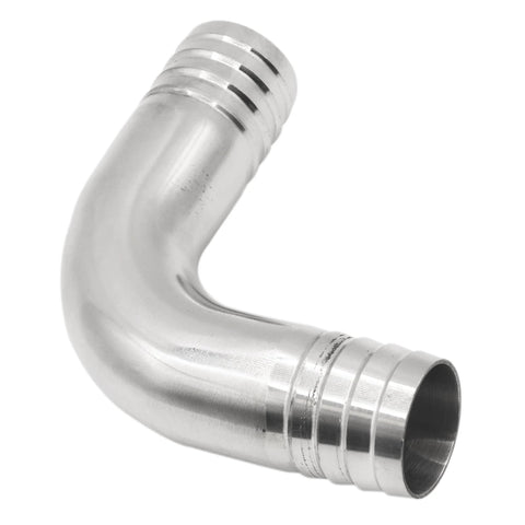 Stainless steel 304 90-degree barbed hose elbow, 1-1/4 in x 1-1/4 in, angled view
