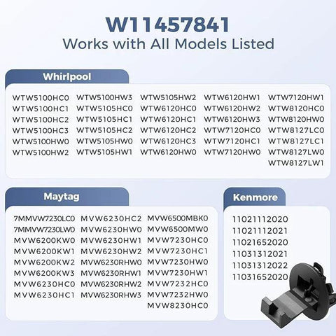 Washer lid strike, 2-pack W11457841; compatible with Whirlpool, Maytag, Kenmore; shows model lists and a latch photo.
