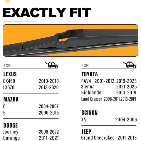 Heavy Twelve Inch Rear Windshield Wiper Blade Replacement For Toyota Rav4 Highlander Sienna Dodge Durango Jeep Grand Cherokee Lexus Nxs clip-on fitting guide.