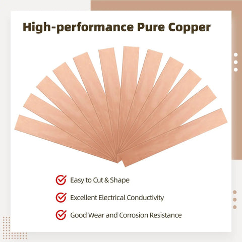 Twelve Piece Pure Copper Anode Sheets For Electroplating Strips Sized At Point Zero Zero Four X One X Six Inches, displaying layered strips.