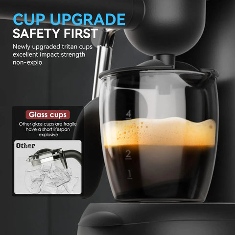 Close-up of 3.5 Bar Espresso And Cappuccino Machine With Steam Wand For Quick Lattes At Home, highlighting durable Tritan cups.