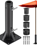 Heavy Duty Deck Mount Umbrella Holder with welded steel base, interchangeable plastic sleeves, and orange umbrella for 1 to 2 inch poles.