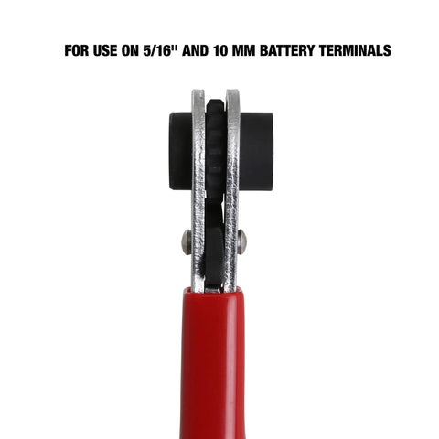 Top view of Long Reach Battery Terminal Wrench Ratcheting Nine Point Five Inch Alloy Steel Double Sided showing ratchet heads.