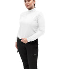 Womens Zip Front Medical Scrub Jacket Crisp White Nurse Uniform Top Straight Up Professional Healthcare Workwear With Slick Closure And All Day Comfy Support For Clinical Rounds In Large worn by model, showcasing stretch knit fabric and fitted design.