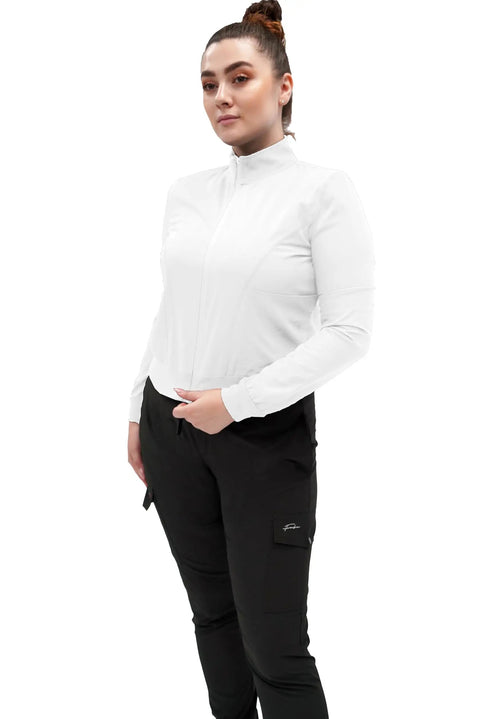 Womens Zip Front Medical Scrub Jacket Crisp White Nurse Uniform Top Straight Up Professional Healthcare Workwear With Slick Closure And All Day Comfy Support For Clinical Rounds In Large worn by model, showcasing stretch knit fabric and fitted design.