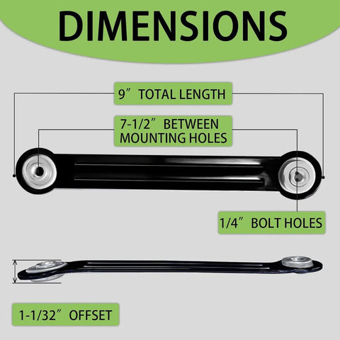 Durable Galvanized Glider Bearing Arms 9 Inch Overall Length 7 And A Half Inch Center To Center Bolt Hole Distance 1 Quarter Inch Bolt Hole Diameter Four Pack Replacement Hardware For Outdoor Patio Gliders And Garden Benches showing detailed dimensions