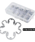 Massive 200 Piece External Snap Ring Kit With Ten Sizes E Clip Rings In 304 Stainless Steel Open Rings One Point Five To Ten Millimeters All In One Handy Fastener Set For Auto Bike And Machinery Repairs in clear box
