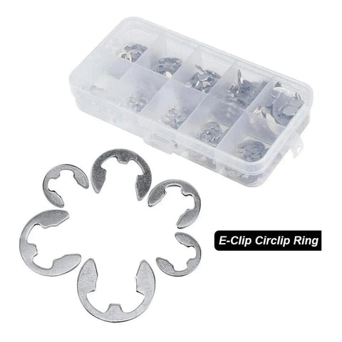 Massive 200 Piece External Snap Ring Kit With Ten Sizes E Clip Rings In 304 Stainless Steel Open Rings One Point Five To Ten Millimeters All In One Handy Fastener Set For Auto Bike And Machinery Repairs in clear box