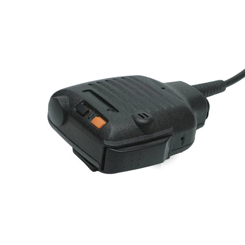 Close-up of a black Hands Free Speaker Microphone For Kenwood Radios NX And TK Series Remote Shoulder Mic with clear transmit and receive