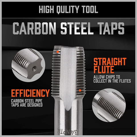 6-Piece NPT Pipe Tap Set In Carbon Steel With Storage Case close-up view highlighting straight flutes and efficiency features