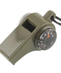 Army green 3 In 1 Emergency Survival Gear Whistle Compass Thermometer With Lanyard for outdoor camping and hiking.