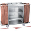 Straight Up Heavy Duty Three Tier Cleaning Cart With Two Roomy Cabinets And Smooth Rolling Wheels For Hotel Housekeeping Hustle Sturdy Painted Iron Frame Top Shelf Lid And Nifty Side Pocket Storage In Brown, showing dimensions and side pockets.