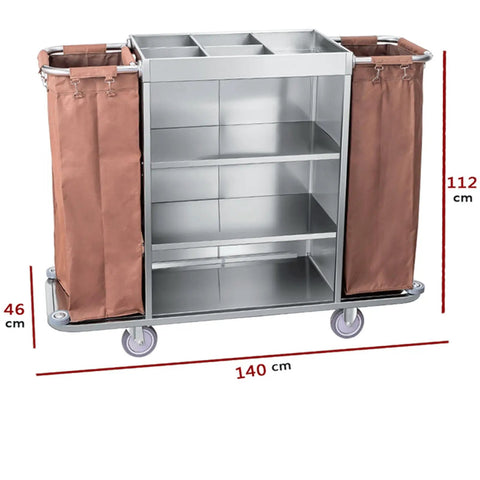 Straight Up Heavy Duty Three Tier Cleaning Cart With Two Roomy Cabinets And Smooth Rolling Wheels For Hotel Housekeeping Hustle Sturdy Painted Iron Frame Top Shelf Lid And Nifty Side Pocket Storage In Brown, showing dimensions and side pockets.