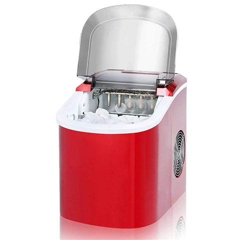 Fast Acting Countertop Ice Maker With Quick Six Minute Ice Cube Production And Thirty Three Pounds Daily Yield, red design.