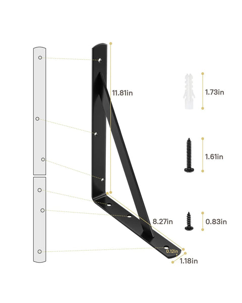Beefy 12 Inch by 8 Inch Heavy Duty Shelf Brackets 600 Lb Per Pair Black Metal L Brackets for Wall Mounted Floating Shelves Includes Screws 10 Pack for Easy Installation with dimensions and screws shown