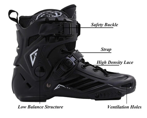 Side view of black unisex inline skates for adults and youth, showing safety buckle, removable lining, and ventilation holes.