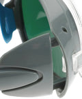 Close-up view of Heavy Duty Pair Of Welding Goggles With Double Layer Plastic Lens showing grey frame and green lenses.
