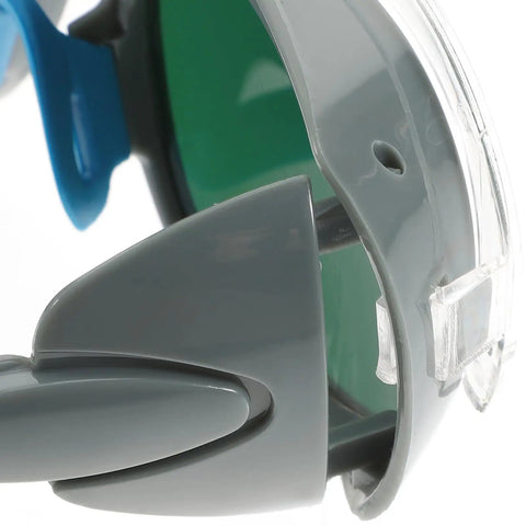 Close-up view of Heavy Duty Pair Of Welding Goggles With Double Layer Plastic Lens showing grey frame and green lenses.