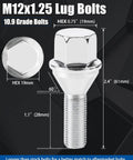 M12 X 1.25 OEM Wheel Lug Bolt with 28mm shank, 19mm hex, 20 piece set for Jeep Cherokee and aluminum rims.