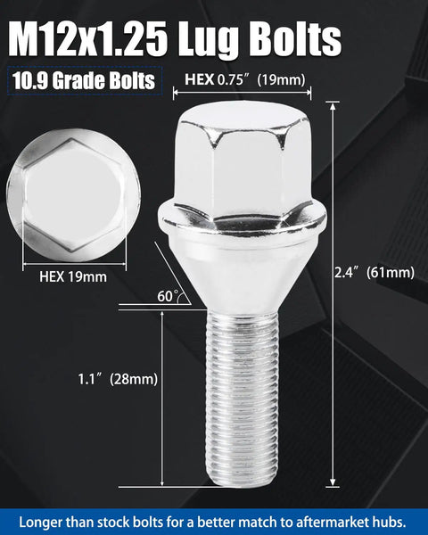 M12 X 1.25 OEM Wheel Lug Bolt with 28mm shank, 19mm hex, 20 piece set for Jeep Cherokee and aluminum rims.